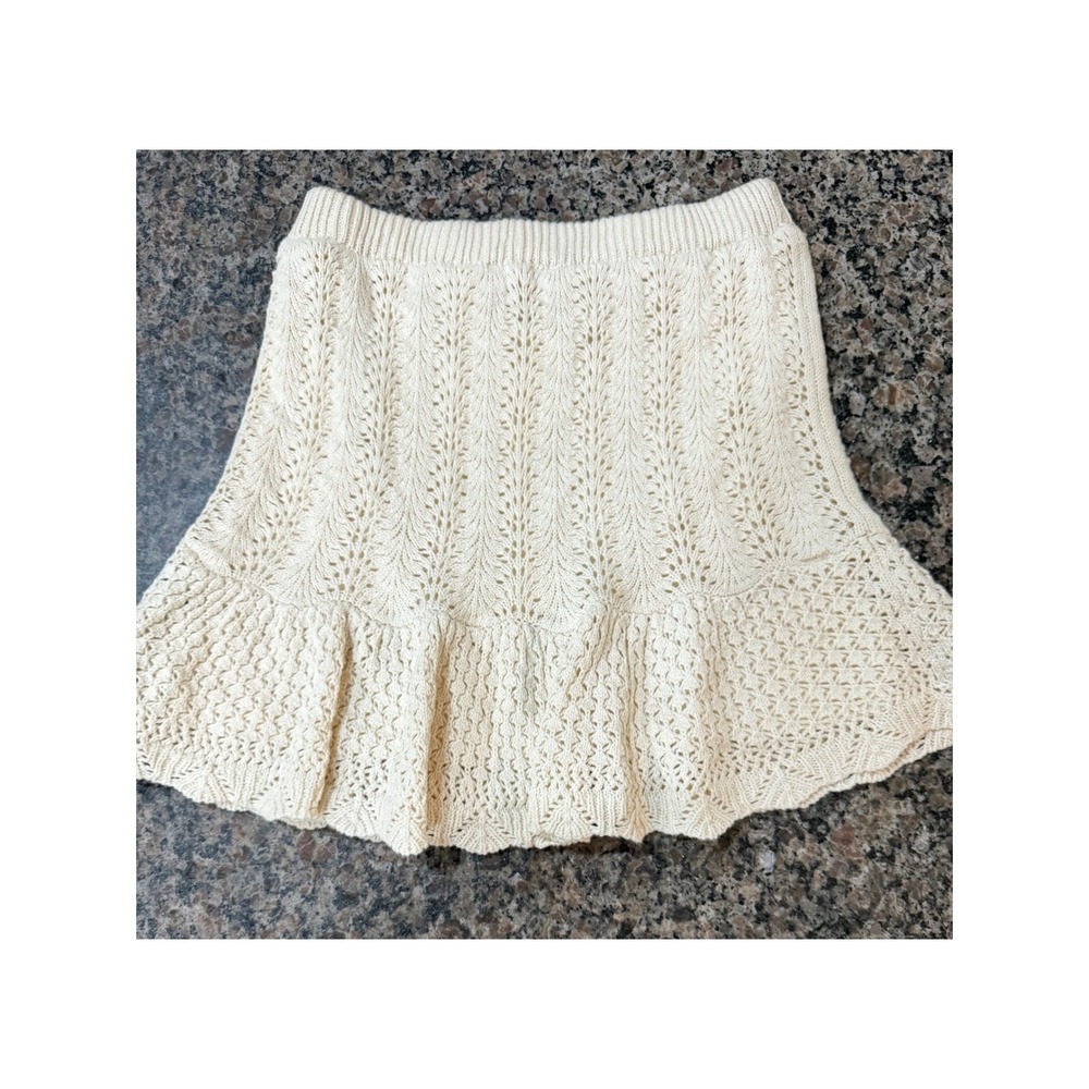 Freshman 1996 Cream Pointelle Knit Mini Skirt Ruffle Hem Ivory XS